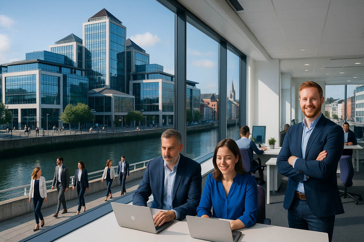 Cork city business district aerial with digital AI overlay