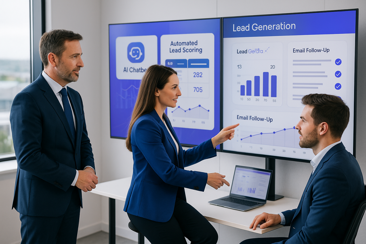 AI chatbot on Irish business website discussing customer support,Graph showing increased qualified leads for Cork SMBs 2025